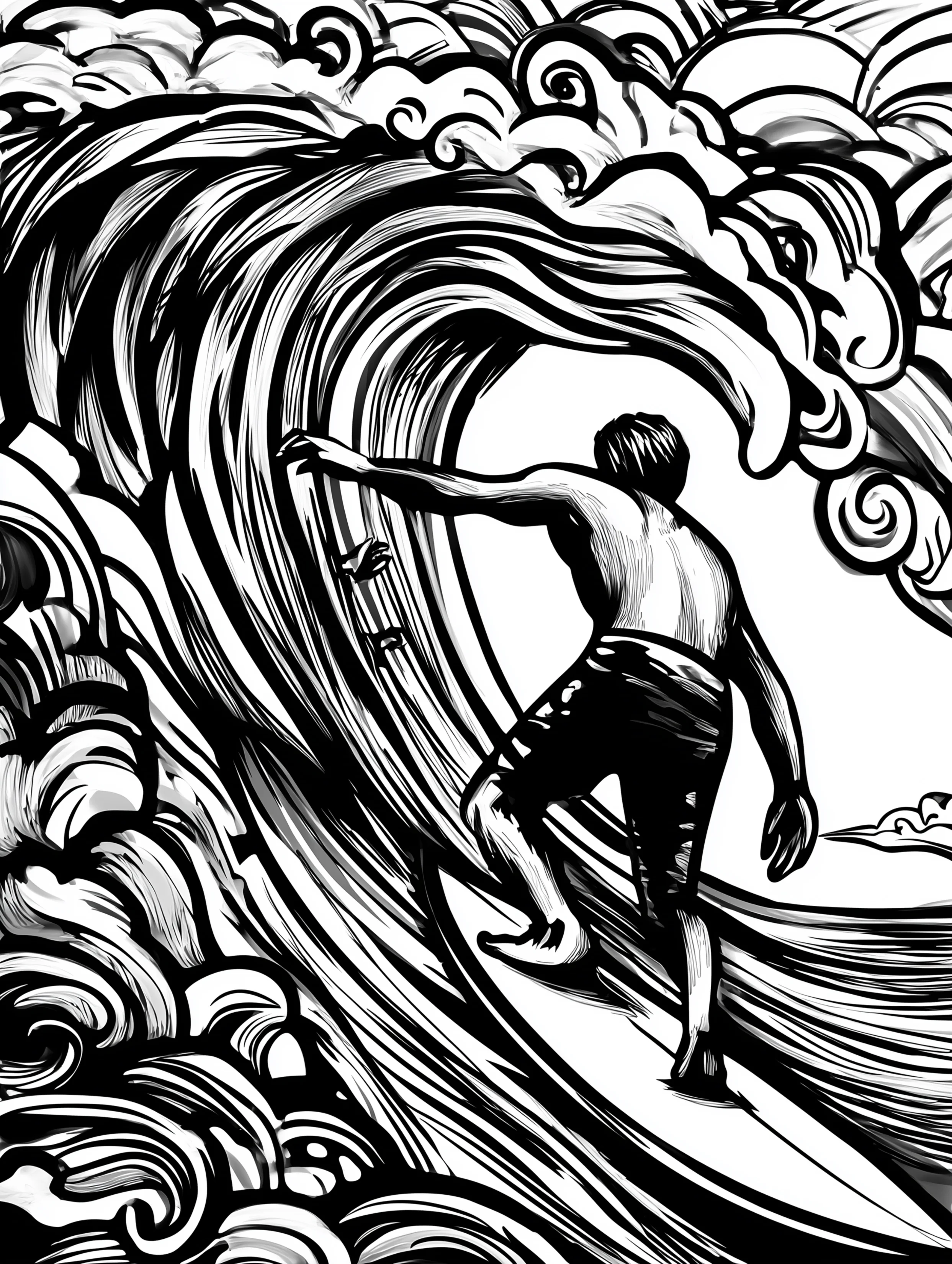 Free printable summer coloring page for adults featuring a surfer climbing onto a surfboard